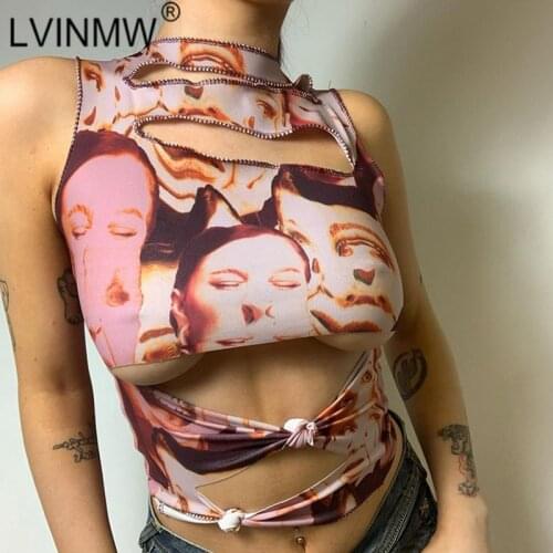 LVINMW O Neck Sleeveless Hollow Out Figure Printed Slim Casual Tank Tops Vintage Irregular Knots Navel Skinny Summer Crop Top