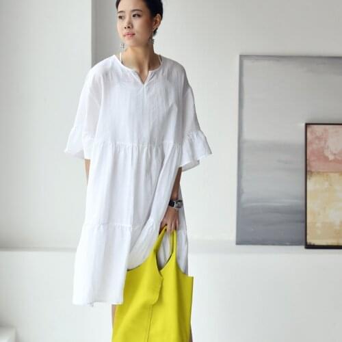 MICOCO Q2161C Literary Retro Temperament V collar 5 minutes of sleeve Lotus leaf sleeve loose dress