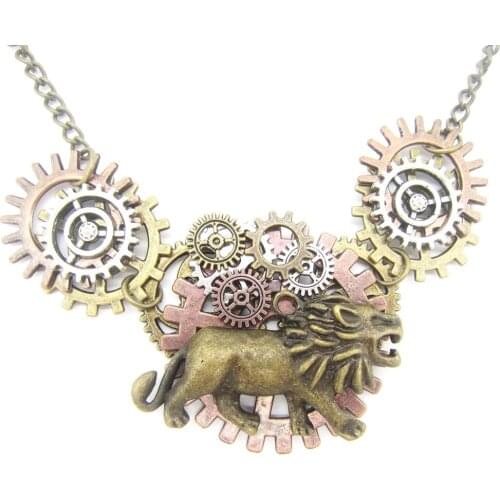 2018 New Original Design Mighty Lion with Mutli Gears DIY Handcraft Vintage Steampunk Short Collar Necklace
