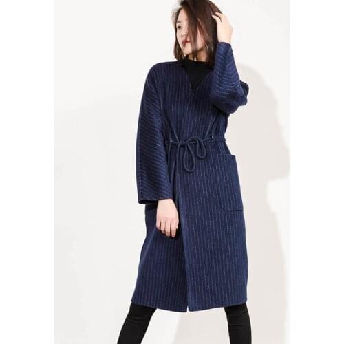 New Fashion Lady Blue Striped Cashmere Coats Loose Sex V Neck Women Autumn Wool Coat Outwear abrigos de mujer L1896