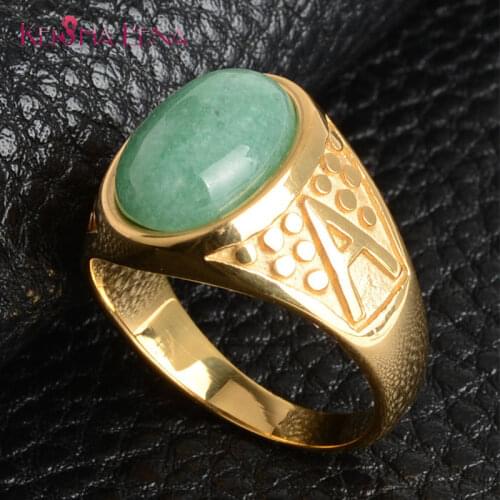 New Arrival Luxury 316L Stainless Steel Gold Color Natural Green Inlay Finger Rings For Women Men Jewelry Not Fade