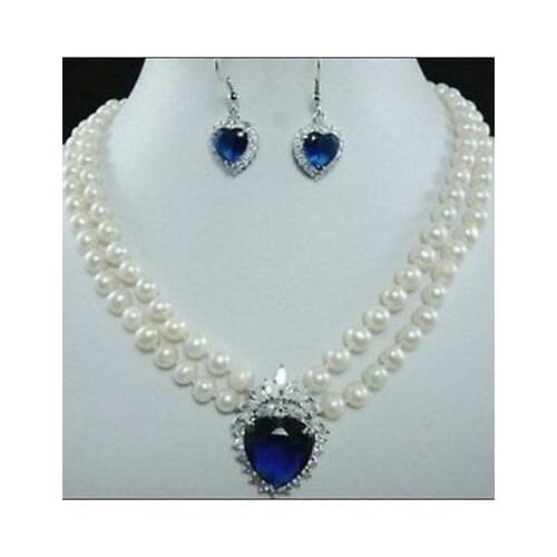 White freshwater pearl necklace blue Heart Crystal earring