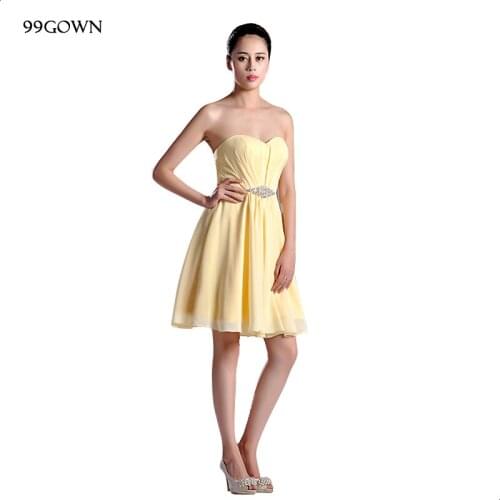 99GOWN Wedding Party Dress For Women Simple 2019 Yellow Chiffon Off Shoulder Beading Sequined Mini Dress For Bridesmaid