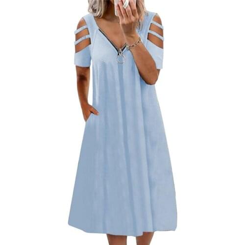 Summer Woman Dress Midi Dress Chic 2021 New Women Dress Zipper V Neck Pocket Solid Color Hollow Out Pocket Midi Dress for Party