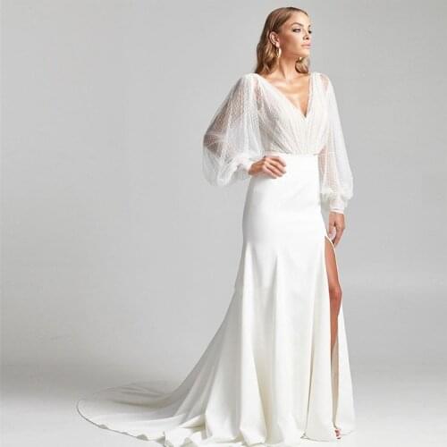 Simple High Split Wedding Dresses Lantern Sleeve V-Neck Floor Length Bridal Gowns 2021 Sweep Train White Satin Vestido De Novia