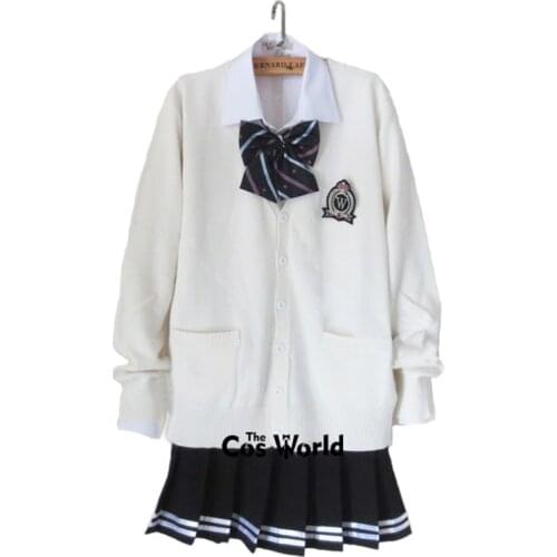 Preppy Style Student Class Japan JK High School Uniform Winter White V-Neck Cardigan Black Pleated Skirt Shirt Suits