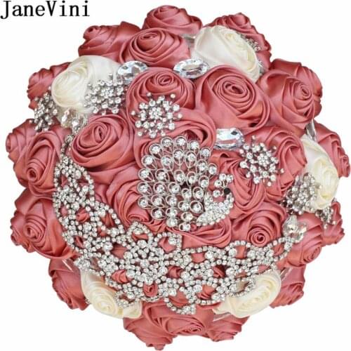 JaneVini Fleur Bordeaux Crystal Bride Bouquet Burgundy Royal Blue Beaded Luxury Diamond Wedding Flowers Gold Bridal Bouquet 21cm