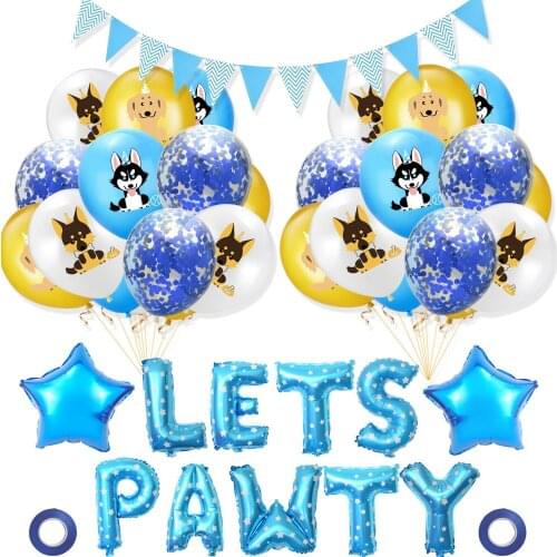 Pet Birthday Theme Party Decoration 12inch Dog Face Latex Balloon Wave Flag 16inch Letter LETS PAWTY 18inch Star Foil Ball Suit