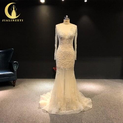JIALINZEYI Real Image Long Sleeves Luxurious Slow Crystal Beads Mermaid Sexy High Quality Formal party Dress evening Dresses