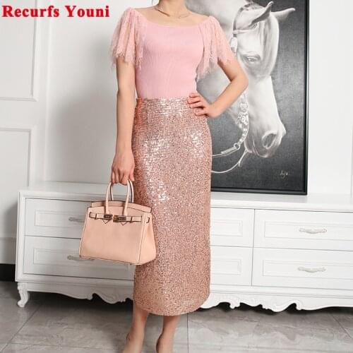 Stylish Summer Woman High Waist Hip Slim Bling Sequins Long Skirts Female Sexy Split Maxi Saias Mujer Shiny Golden Faldas