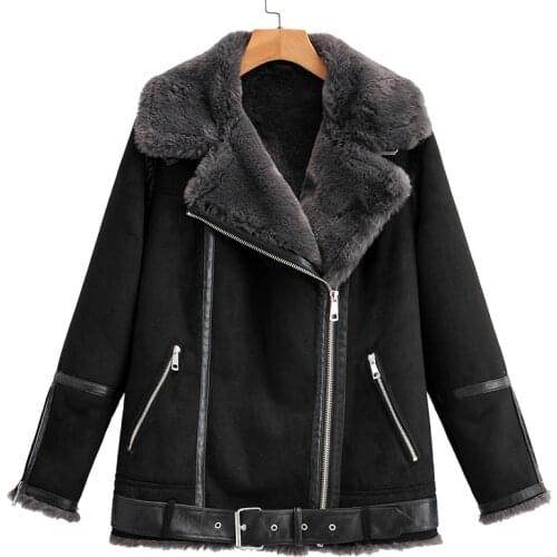Ailegogo Autumn Winter Women Streetwear Turndown Collar Faux Leather Jacket with Belt Moto Biker Fur Coat Suede Leather Outwear