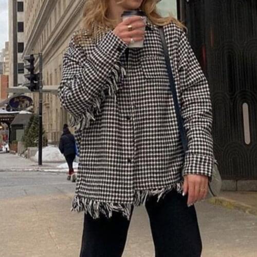 Women Fringe Detail Rough Edge Chic Fashion Casual Coats 2021 New Jacket Houndstooth Overshirt Lady Loose Outfits Tops Female