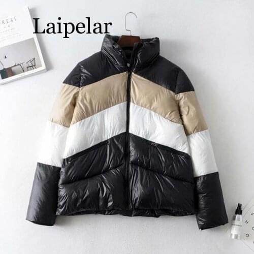 Laipelar Fashion Multi block Patchwork Jacket Women Cotton Padded Warm Coat Lace Up Sleeve Stand Casual Outerwear