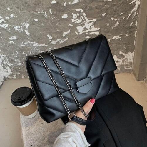 Embroidery Thread Chain Crossbody Bags for Women Black V-line Pu Leather Messenger Handbag Lady Small Flap Quilted Shoulder Bag