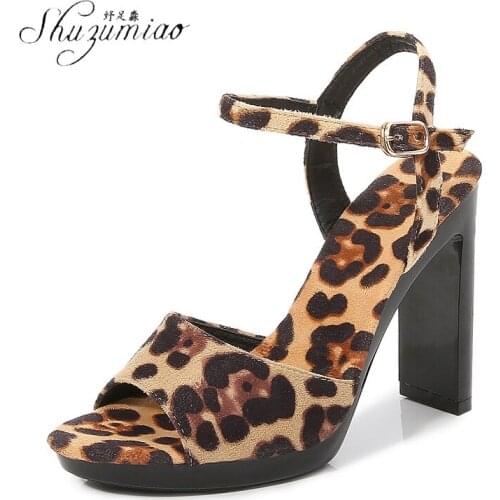SHUZUMIAO Women High Heel Leopard Detail Square Heel Women Shoes Peep Toe Ankle Strap Design Cut Out Sexy Ladies Plus Size Pumps
