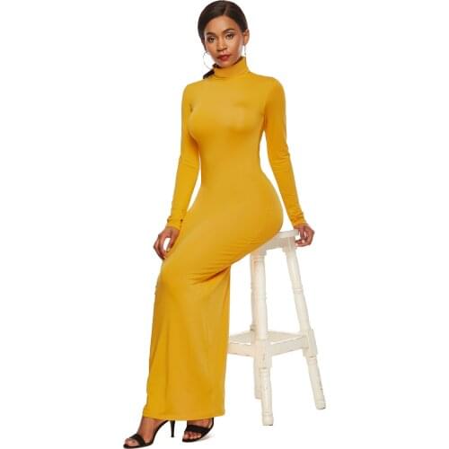 Yellow Autumn Turtleneck Slim Ankle Length Bodycon Dress Solid Casual Package Hip Dress 5 Colors Pencil Long Dress Women Vestido