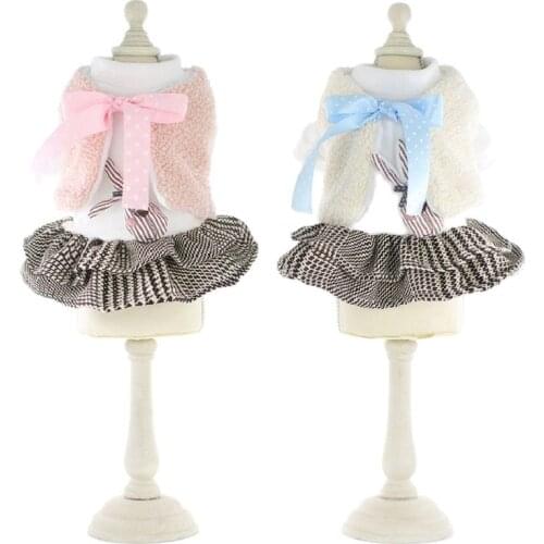Winter Princess Dress Coat for Dogs Fleece Warm Plaid Big Bowknot Cute Puppy Costume