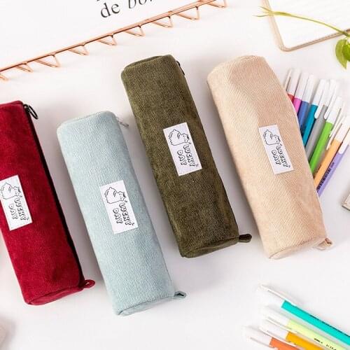 1 Pc Solid Color Corduroy Pencil Case Bag Zipper Pencil Box Case Student Pen Storage Pouch Student Stationery Estuche Trousse