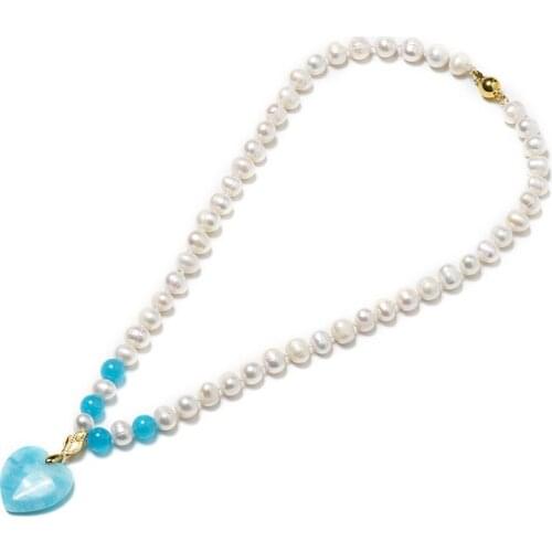 8-9 mm Long and Pure white pearl Beads the Transparent Blue Beads Add Bluish Green heart-shaped 25*24*6 mm Pendant necklace