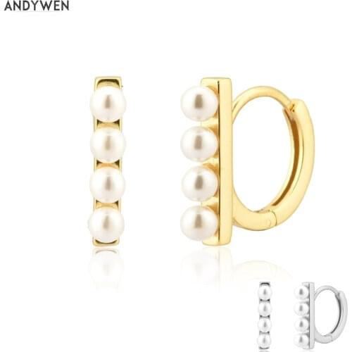 ANDYWEN 100% 925 Sterling Silver Four Pearl Huggies Hoops Earring Circle Rock Punk Loops Piercing Pendiente Jewelry Gift