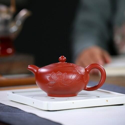 Authentic Wang Tingchun all hand cream recommended undressed ore dahongpao carved painting ball hole kung fu tea set