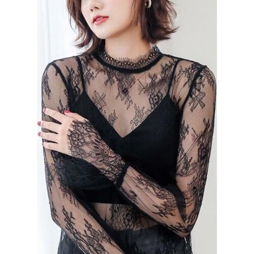Spring Autumn Women Lace Shirts Sexy Temperament Blouses Inside Perspective Long Sleeve Net Yarn Slim Tops Blusas Fahsion MM0596