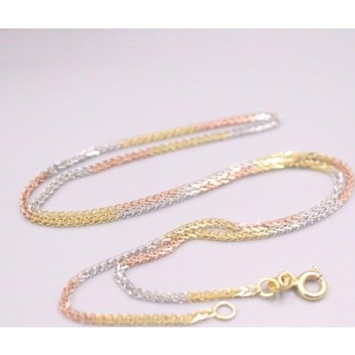Pure 18K Multi-Tone Gold Chain Lucky 1.2mm Wheat Link Necklace 16inch / 3.3g Stamped AU750 For Woman Gift