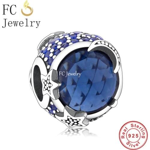 FC Jewelry Fit Original Brand Charm Bracelet 925 Sterling Silver Moon Stars Blue Zirconia Glass Beads For Making Berloque 2020