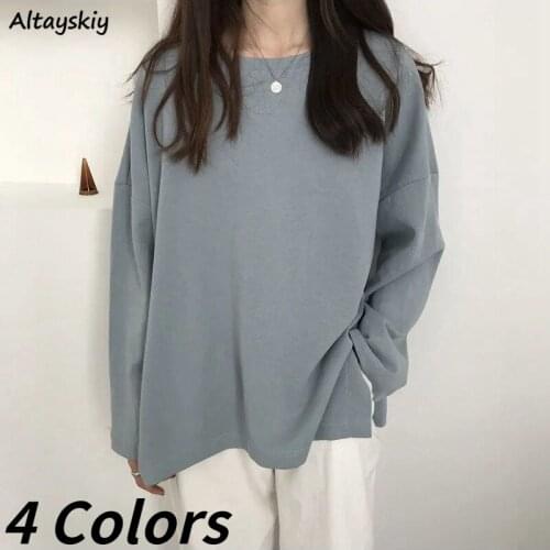 Long Sleeve T-shirts Women Simple Loose Fashion Side-slit Students Daily Leisure Korean Style Female Couples All-match Chic Tops