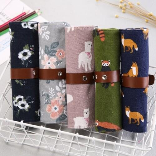 Pencil Case Canvas Wrap Roll Up Pencil Bag Pen Case Holder Storage Pouch Writing Supplies Flower Pencil Bag