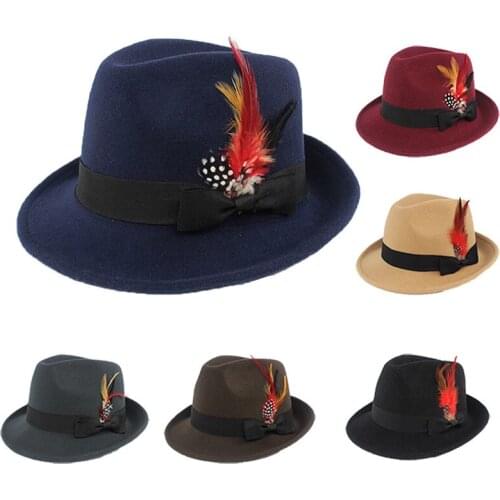 Fashion Retro Women Fedoras Gentleman Jazz Felt Wide Brim Feather Decoration Bowler Hats Crimping Warm Cap Outdoor Unisex