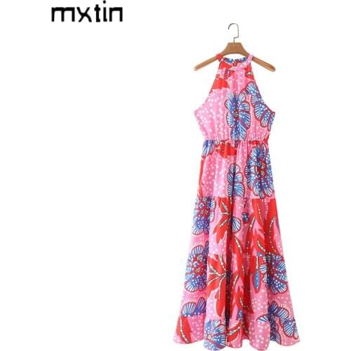 MXTIN 2021 Women Summer Vintage Floral Print Ruffles Midi Dress Fashion O-Neck Sleeveless Pockets Female Party Dresses Mujer