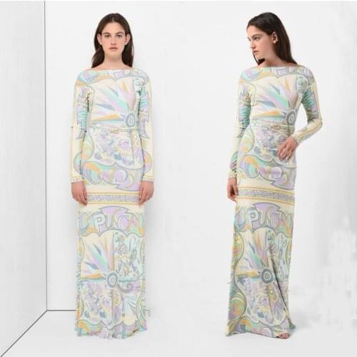 The new Bohemian extended fashion print with belt, long sleeves, beautiful fashion show, elastic knitted silk dress