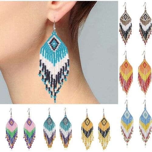 New Bohemia Beaded Earrings For Women Handmade Mizhu Tassel Fringed Earrings Statement Geometric Pendants Dangle Earring Jewelry
