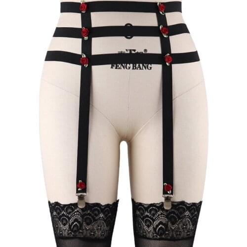 Wholesale-Garter Body Harness Belt Black Bondage Stockings High Waist Garter Belt Goth Sexy Lingerie Woman Flower Body Cage