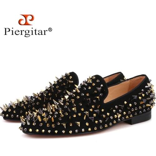 Piergitar new arrive men suede shoes with gold and black spikes Fashion party and banquet men loafers plus size smoking slipper