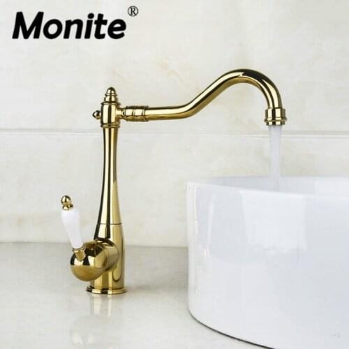 Golden Plated Swivel Kitchen Faucet Deck Mounted Single Handle Tap Polished Single Hole Kitchen Rotated Basin Mixer Tap