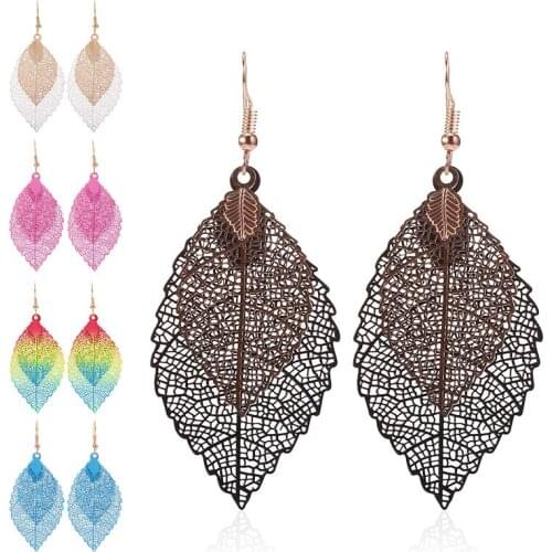 HOCOLE Fashion Leaf Drop Earrings For Women Bohemian Hollow Out Double Leaf Pendant Dangle Earring Female Vintage Jewelry Party