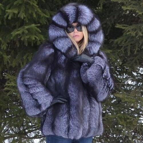 TOPFUR NEW Real Fur Coat Women Luxury Winter thick Fur Jacket With Fur Hood High Quality Fashion Natural Silver Fox Fur Coat