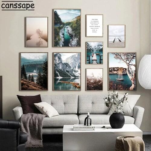 Scandinavia Canvas Painting Mountain Lake Boat Wall Poster Prints Forest Landscape Nordic Poster Wall Pictures Living Room Decor