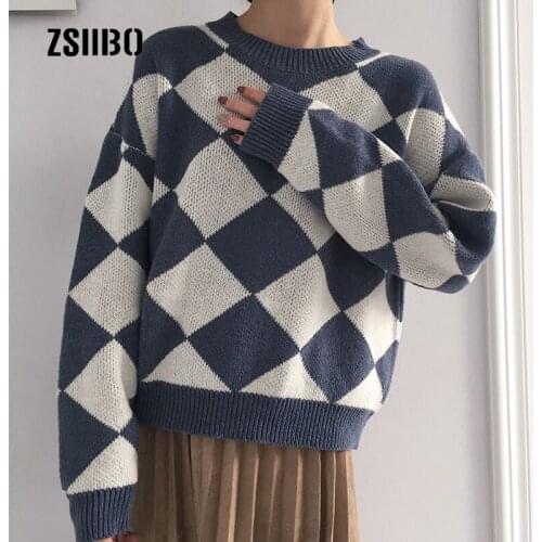 Autumn new Korean winter ulzzang fashion loose plaid long sleeve sweater female chic Harajuku Japanese simple O-neck sweater