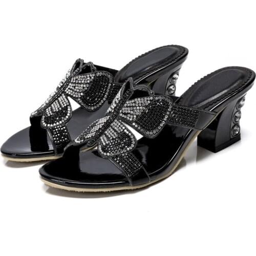 Thick High Heel Slippers Women New Luxury Rhinestone Bow Hollow Slippers Large Size Slippers Casual 7cm High Heel Slippers