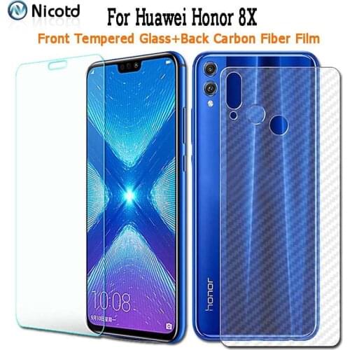 Nicotd 2 PACK For Huawei Honor 8X Transparent Tempered Glass add Back Carbon Fiber Film Screen Protector For Honor 8X Glass Film