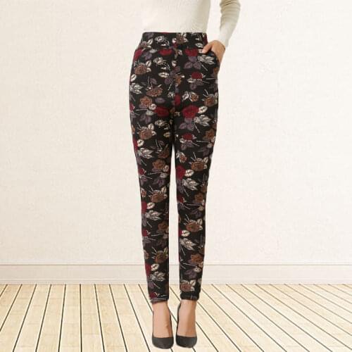 2021 New Autumn Winter Women Middle Age Plus Thick Velvet Leggings Female Mom High Elastic Pant Lady Print Flower Trouser K477