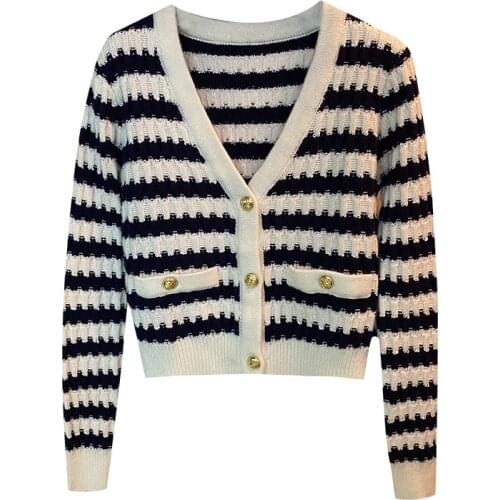 Women 2021 Autumn Striped Short Knitted Cardigan V-neck Open Chest Long-sleeved Sweater