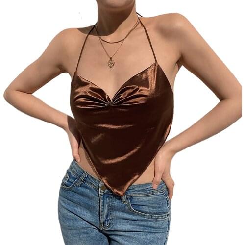 Women’s Sexy Halter Lace-Up Camisole Summer Fashion Solid Color V-neck Triangle Exposed Navel Tops Pleated Triangle Halter Sling