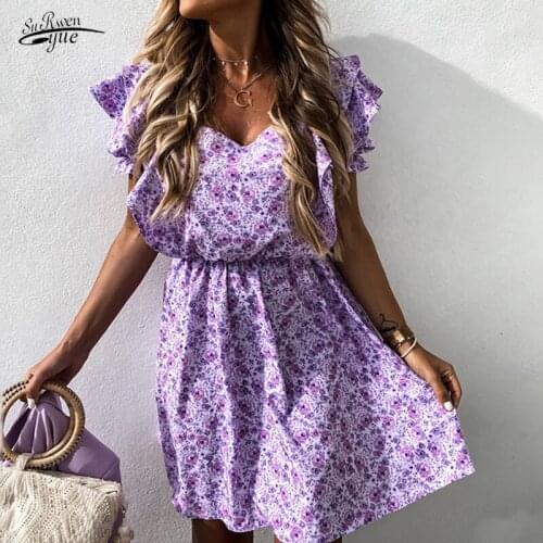 2021 Summer Floral Mini Dress V Neck Plus Size Purple Women Dresses Fashion Robe Femme New Sexy Short Sleeve Party Dress 15972