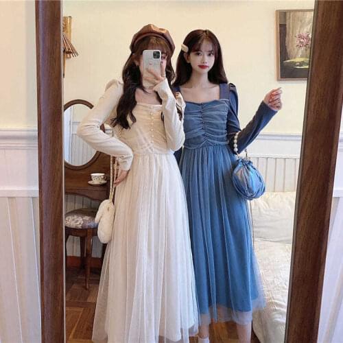 Women Casual Square Collar Long Sleeve Autumn Winter Mesh Patchwork Midi High Waist Knit Vestidos Female Lace Long Dress Elegant