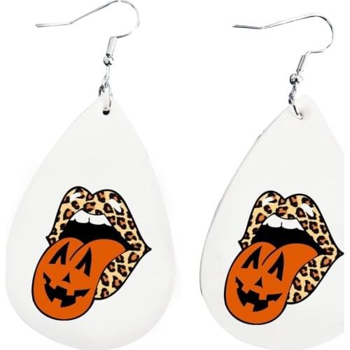 Free Shippings Faux Leather Leopard Lips With Halloween Print Pumpkin Earrings
