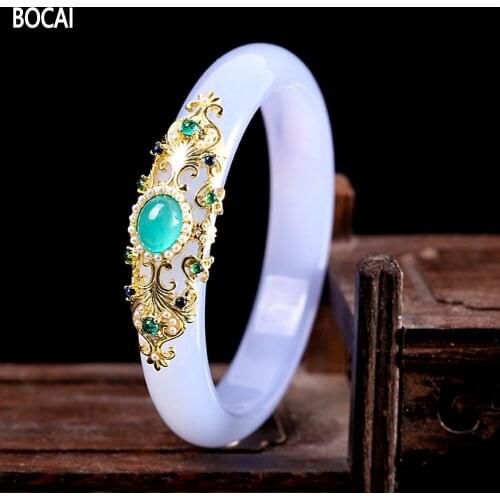 BOCAI New Real s925 silver gilded jewelry fashionable ethnic style ladies pink chalcedony bracelet